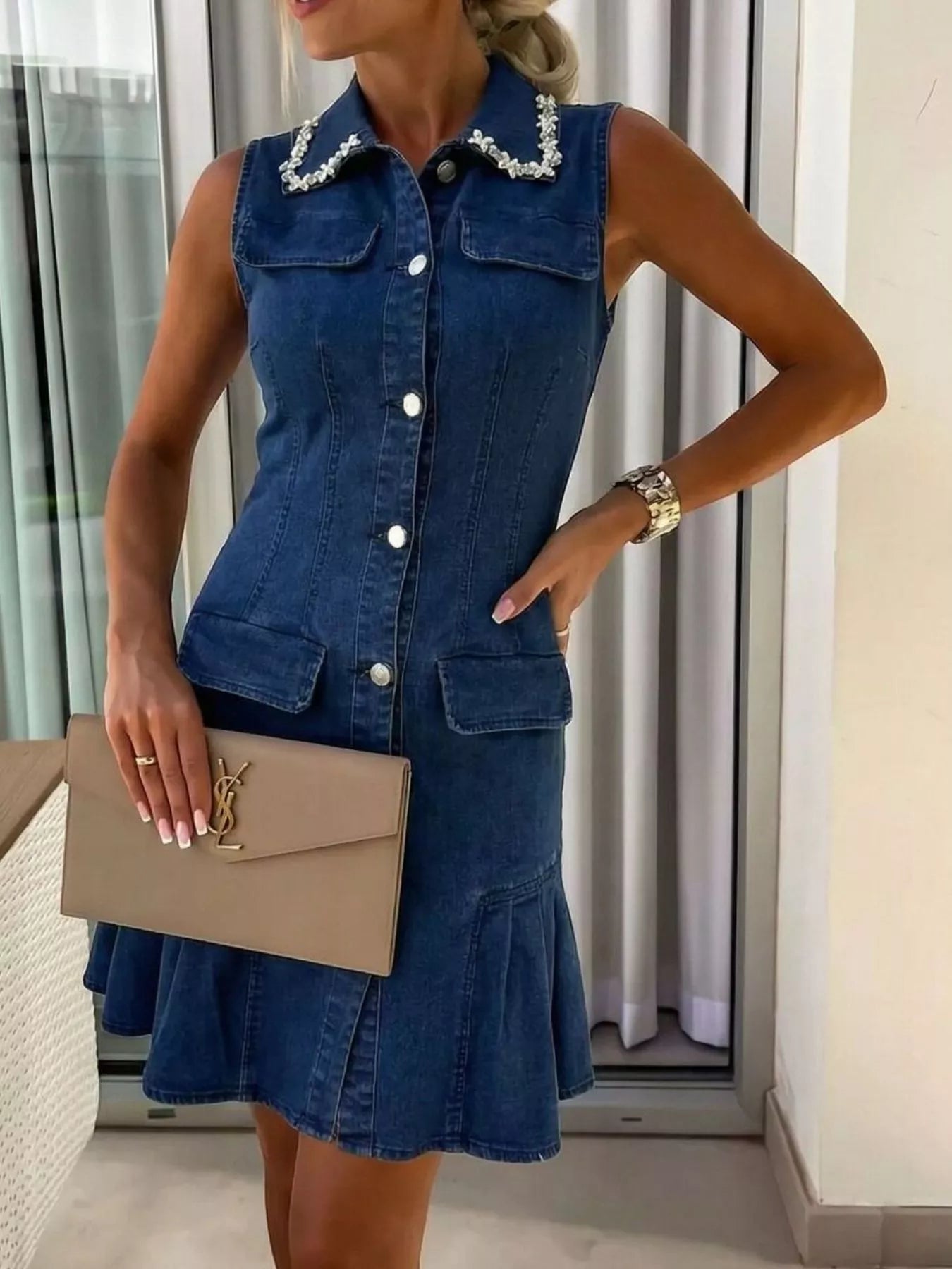Trendsi Ruffle Hem Sleeveless Denim Dress -