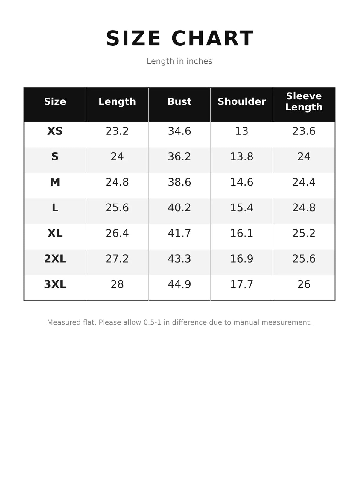 Size chart for women's v-neck long sleeve sweater