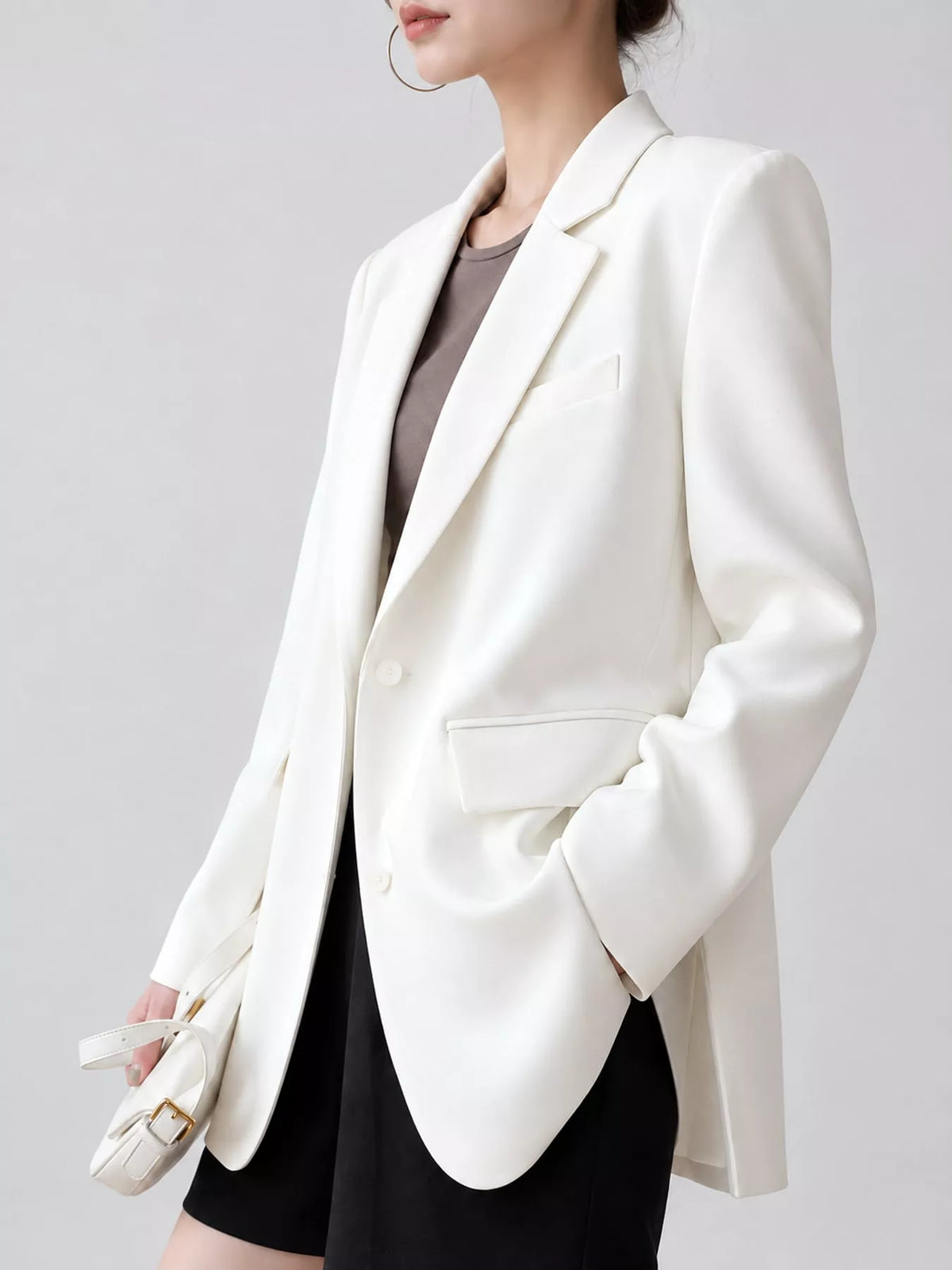 Collared long sleeve blazer, front view on model