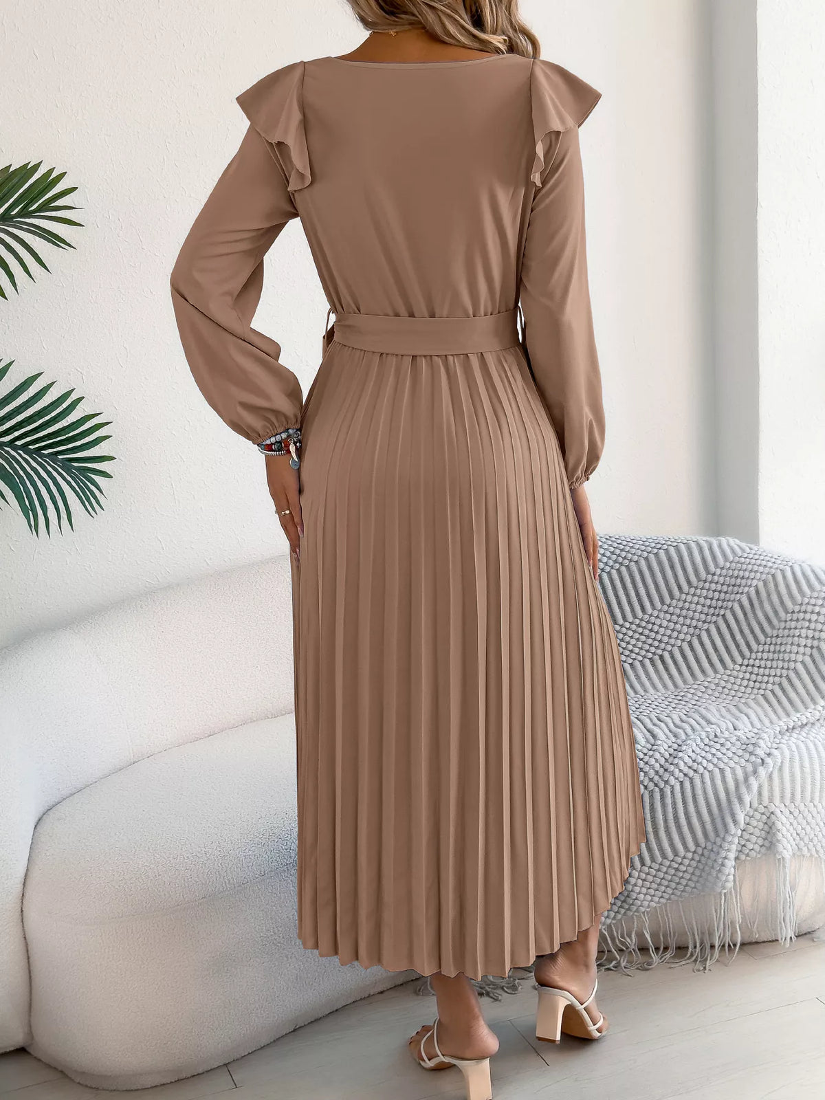 Taupe ruffled pleated tie-waist midi dress, back view.