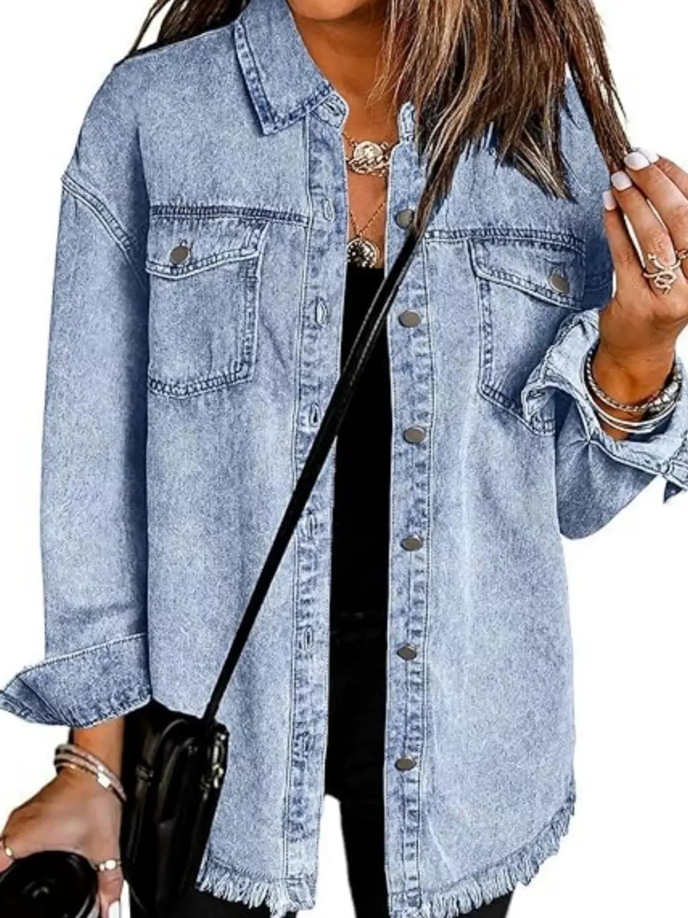 Trendsi Frayed Hem Button Up Denim Jacket -