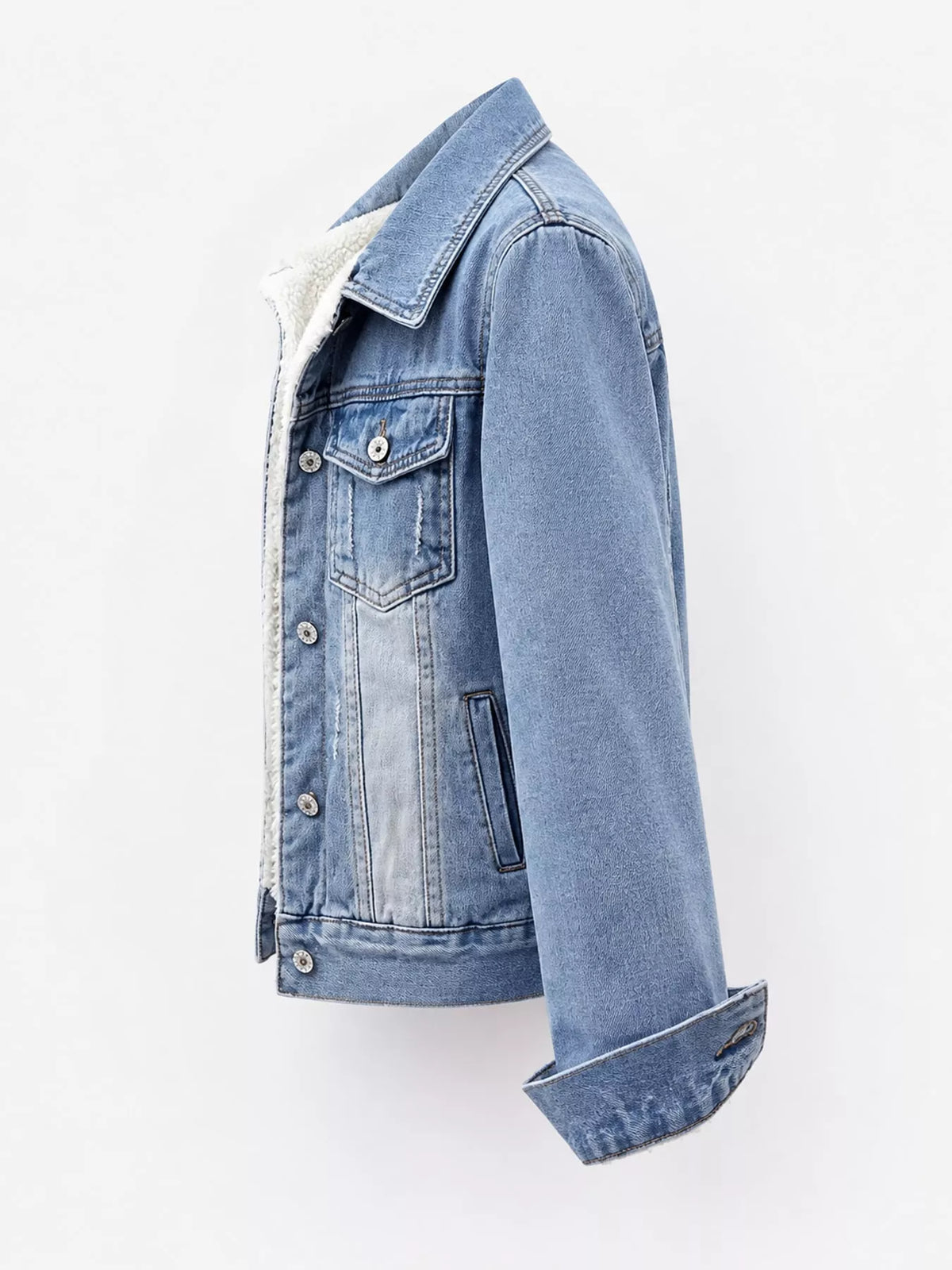 Light blue distressed denim jacket with sherpa fleece lining