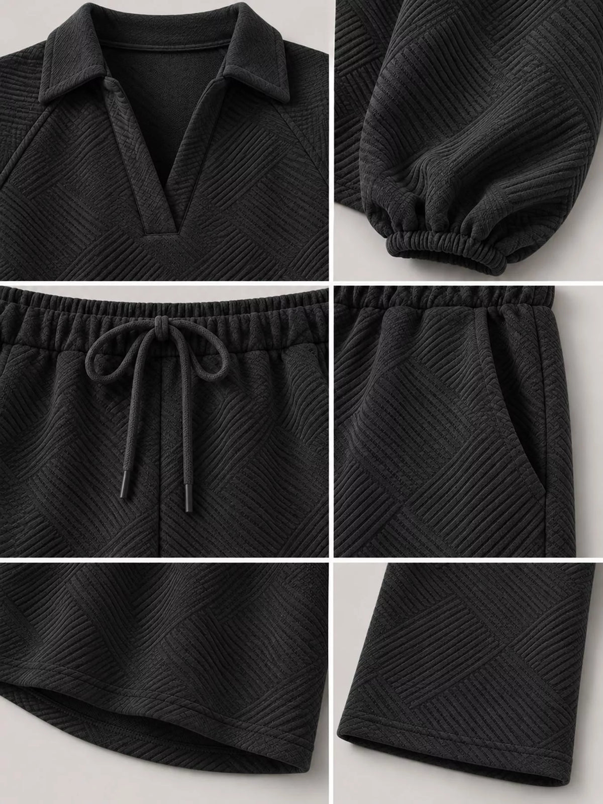 Black textured polo collar top and wide-leg pants set — design and construction details