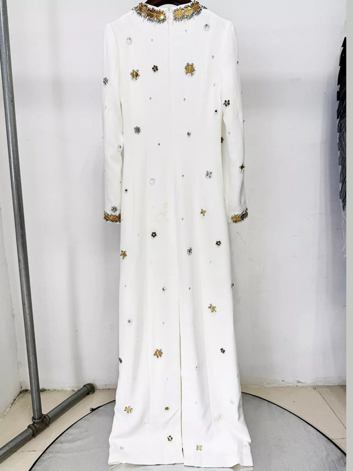 White rhinestone long sleeve maxi evening dress
