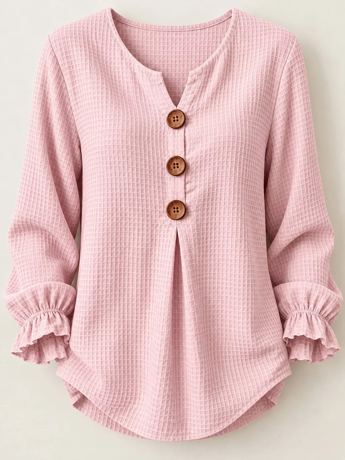 Women's Waffle Knit Flounce Sleeve Blouse in pink — front view
