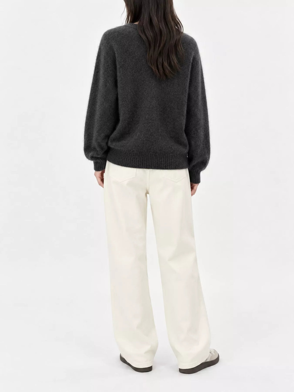 Gray v-neck sweater, back view