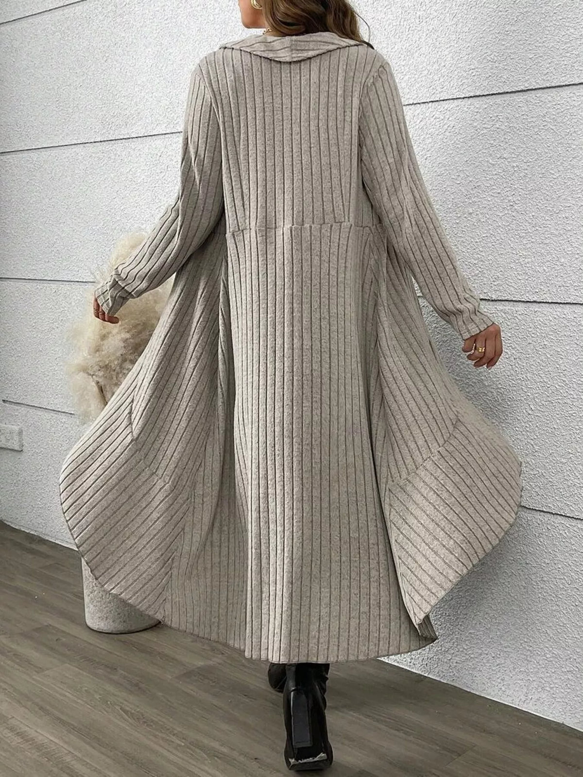 Taupe and plaid ribbed cardigan and plaid dress set, cardigan back view