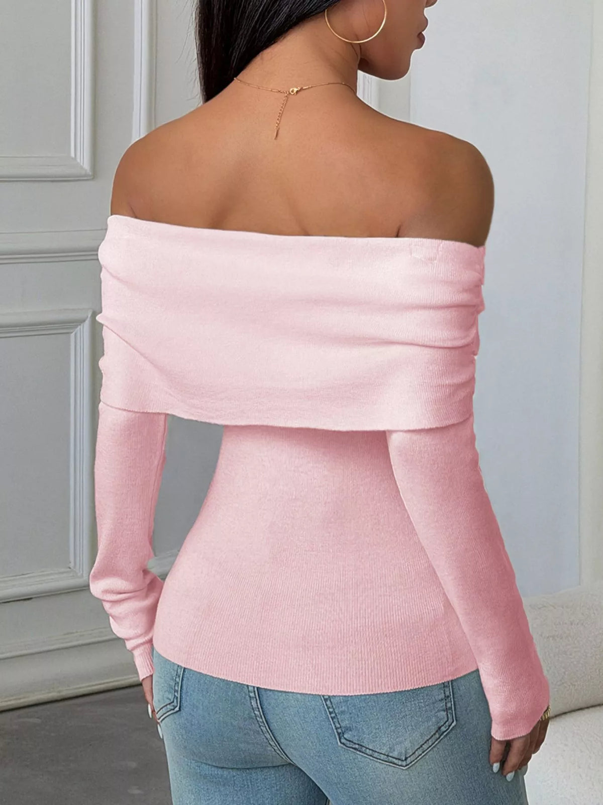 Pink Off-Shoulder Slim-fit Ribbed Knit Top, back view