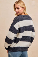 Trendsi BiBi Wide Stripe Fuzzy Knit Round Neck Sweater -