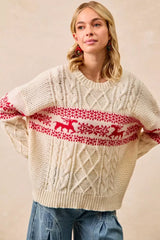 Trendsi BiBi Christmas Theme Patterned Cable Knit Sweater -