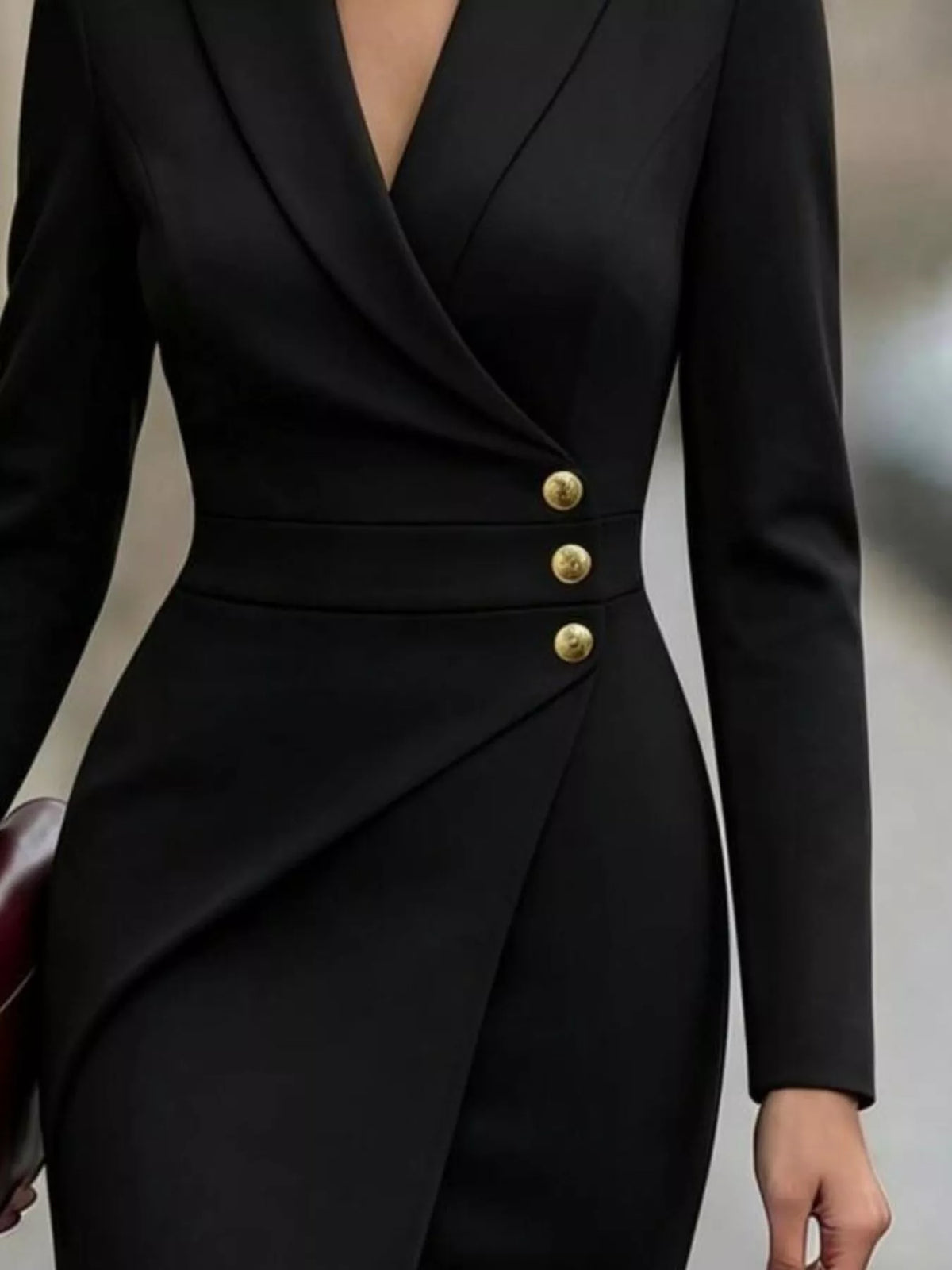 Black gold button surplice blazer dress, detail view