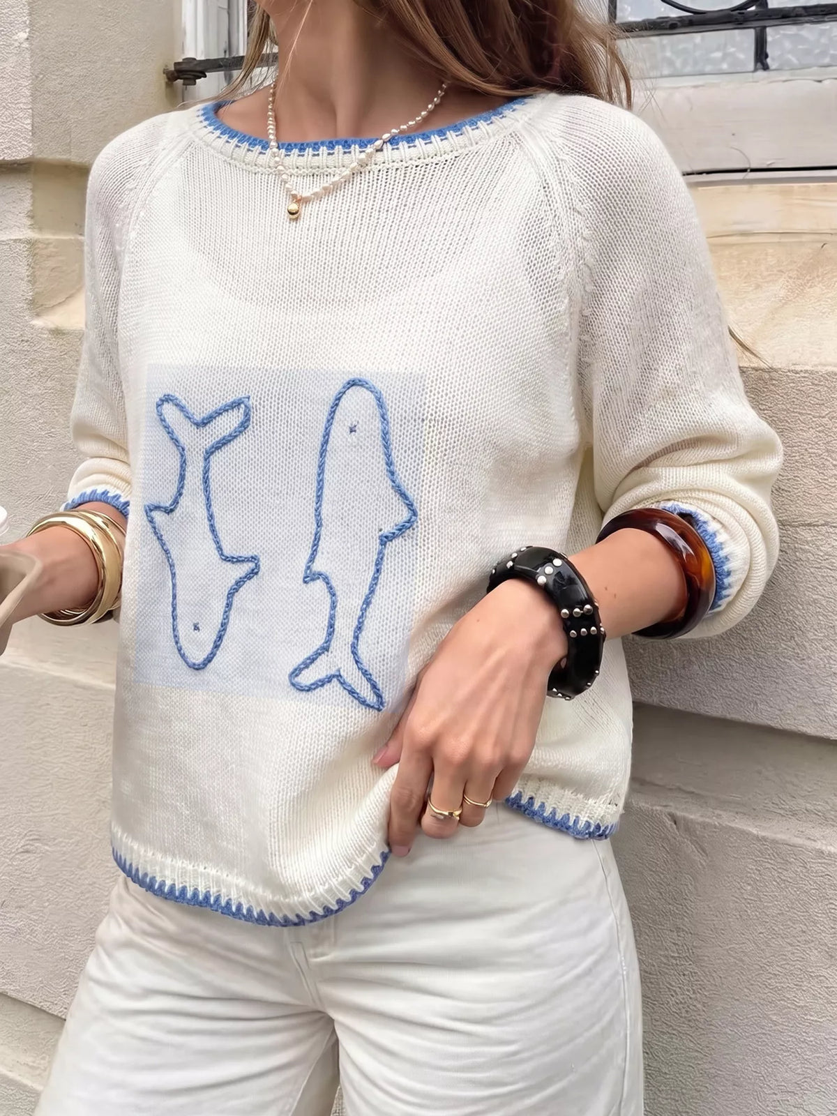 Trendsi Fish Contrast Trim Knit Top -