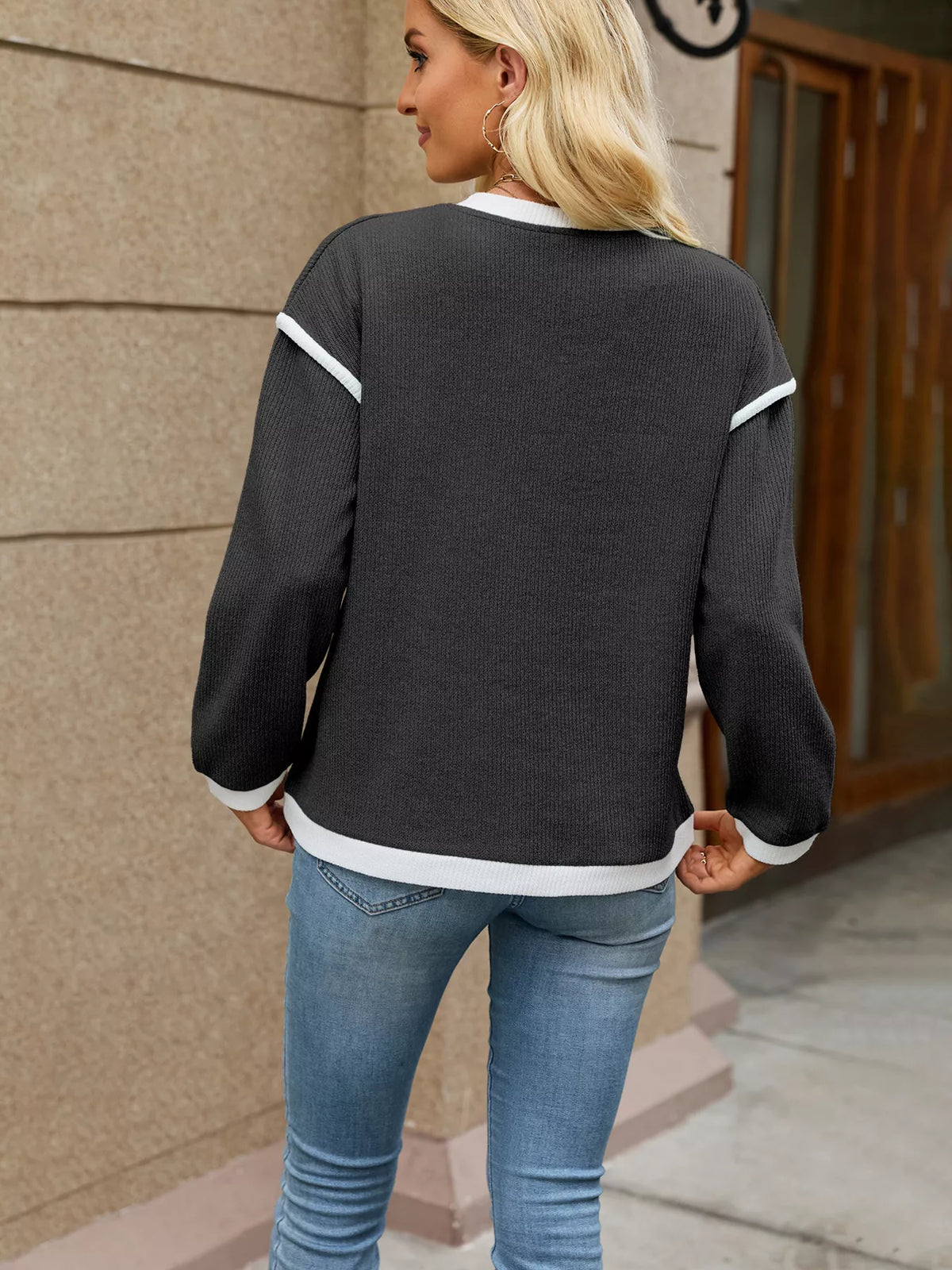 Black contrast-trim V-neck sweater, back view