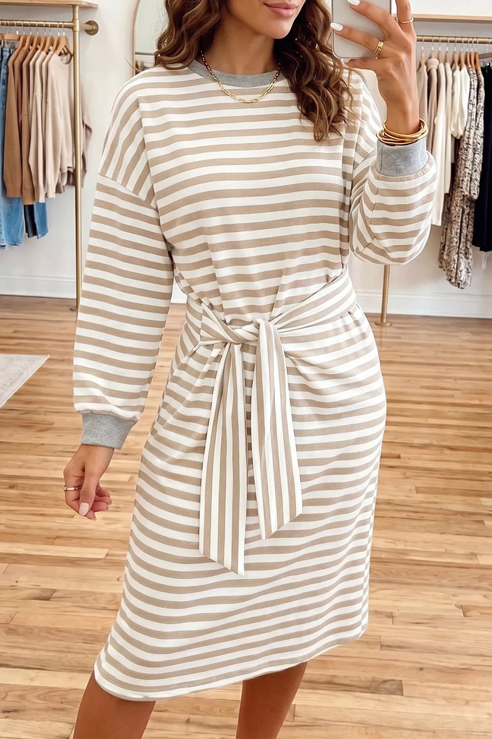 Trendsi Stripe Striped Colorblock Cuffs Round Neck Long Sleeve Shift Dress -