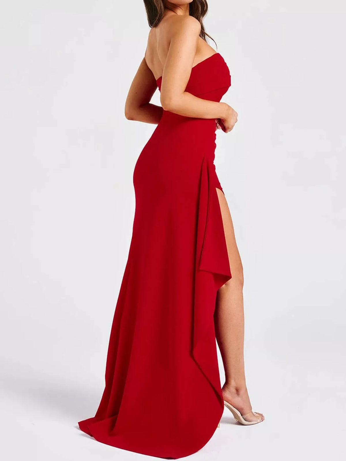 Red strapless high slit bodycon maxi evening dress, side view