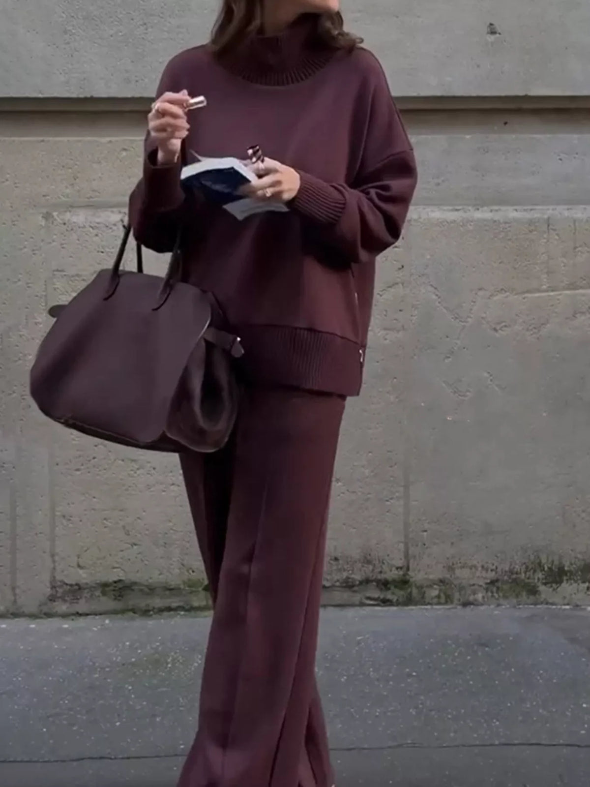 Dropped Shoulder Sweatshirt and Wide-Leg Pants Set in burgundy, front view