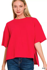 Trendsi Zenana Full Size Double Knit Side Slits Hi Low Short Sleeve Top Plus Size -