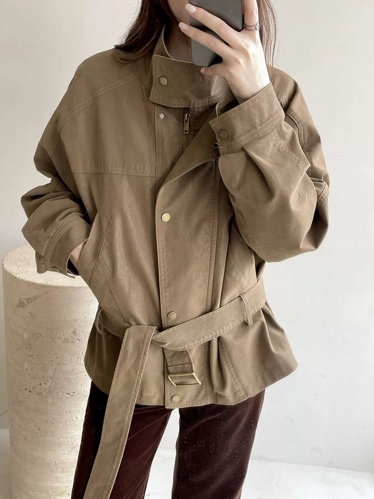 Khaki Color snap down long sleeve jacket