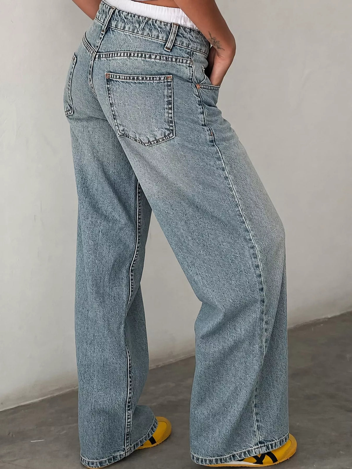 Wide-Leg Vintage Wash Jeans in washed blue, back view