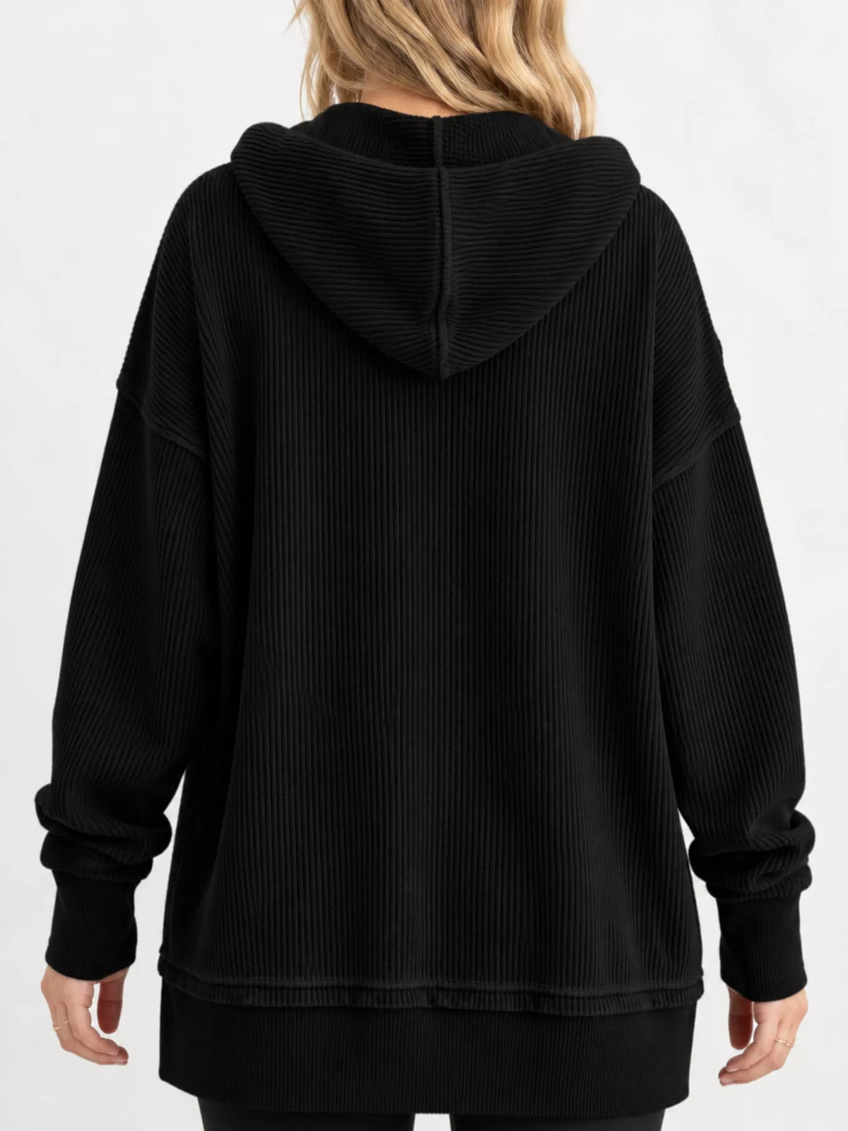 Women's Snap Button Placket Dropped Shoulder Hoodie in black — back view