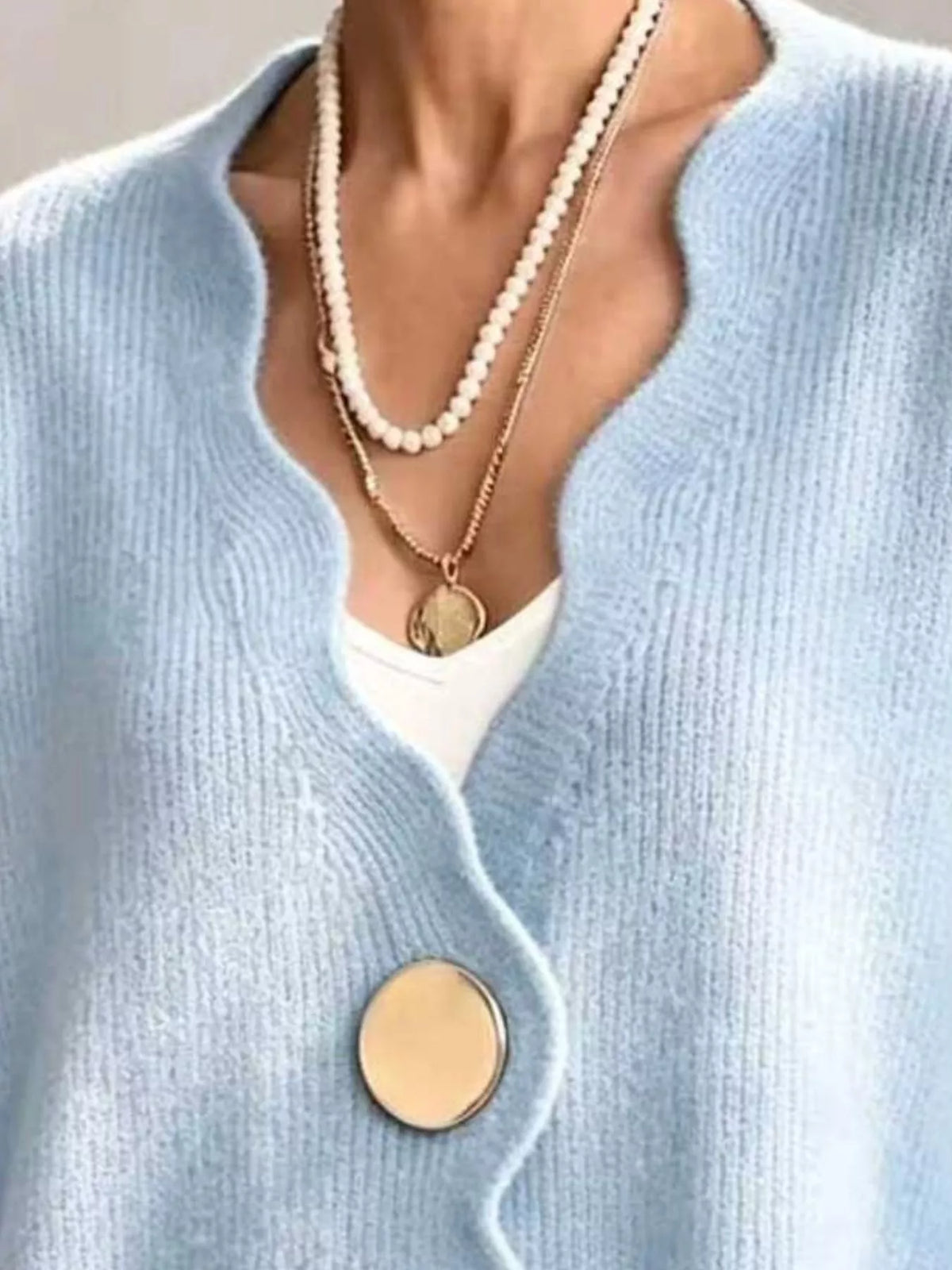 Women's Scalloped-Edge Oversized Button-Down Cardigan in Sky Blue, alternate view