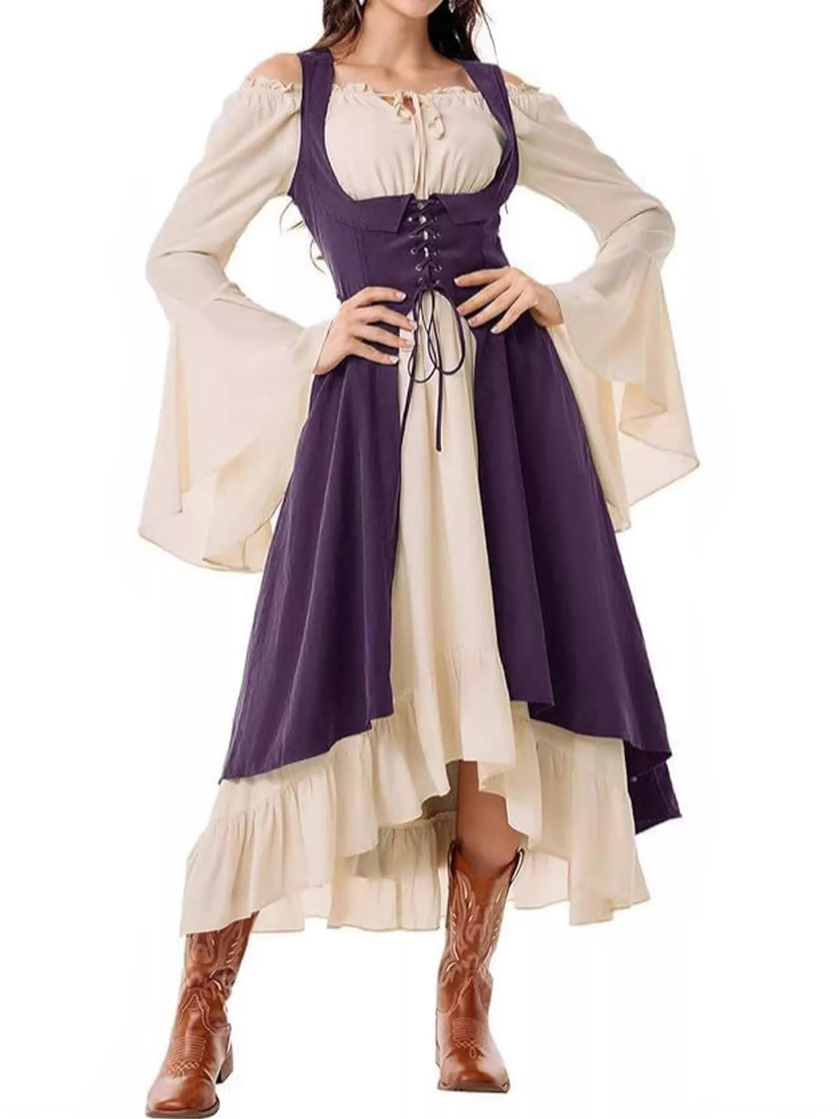 Purple corset style lace-up bell sleeve dress — front view