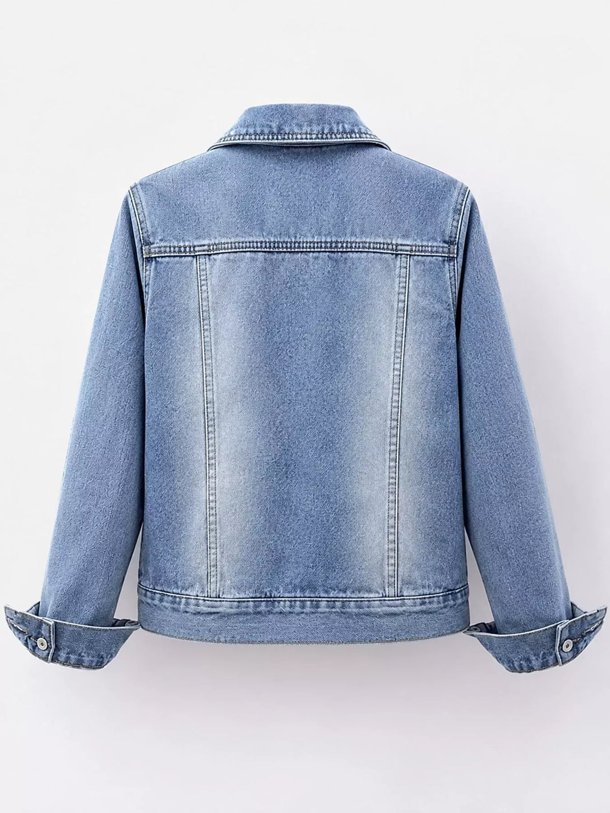Light blue distressed denim jacket with sherpa fleece lining, back view