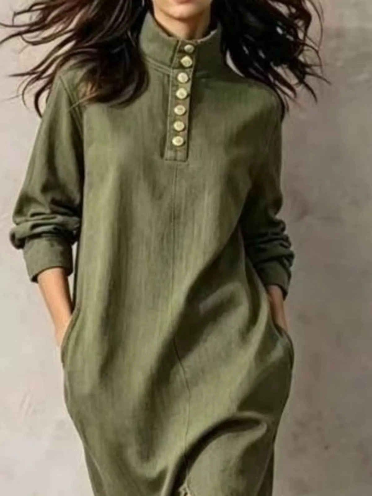 Mandarin neck long sleeve midi dress, construction and design details