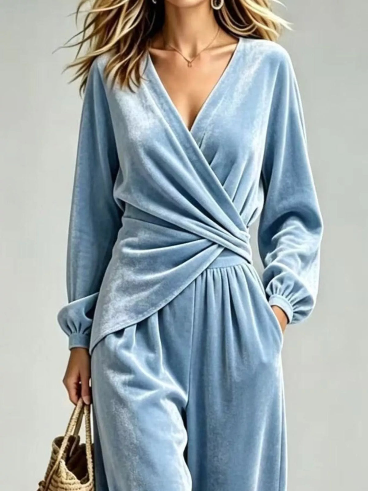 Light Blue Velvet Wrap-Front Top and Pants Set detail view