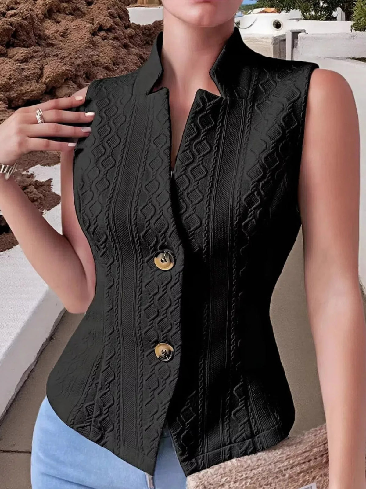 Textured Button-Down Vest in black, front view