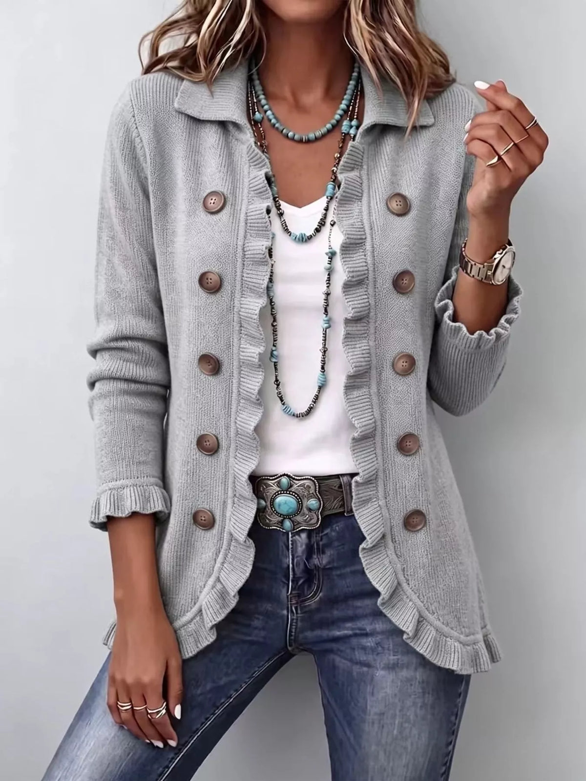 Gray ruffle-trim button-front cardigan
