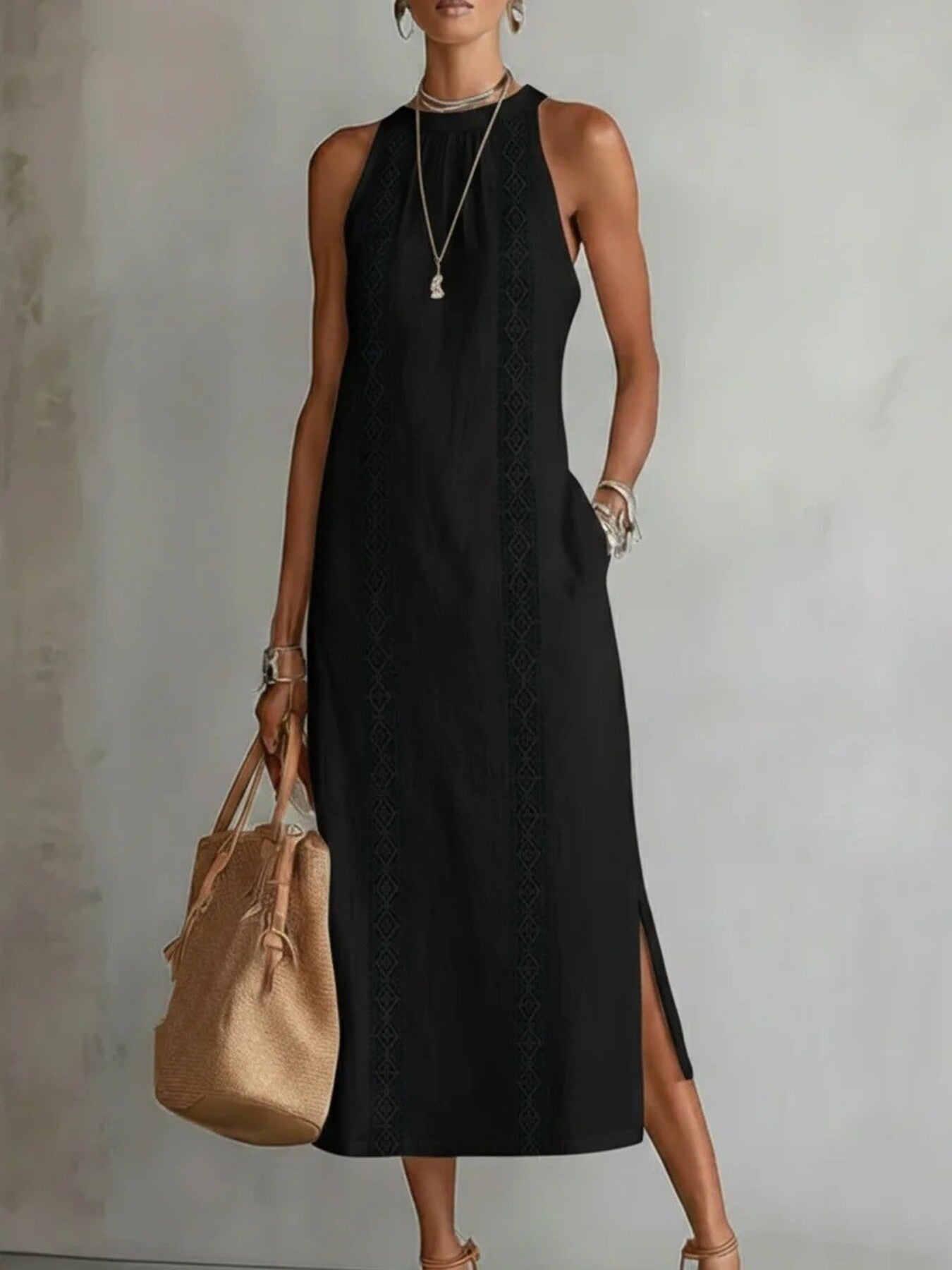 Trendsi Side Slit Sleeveless Hollow-Out Trimmed Midi Dress -