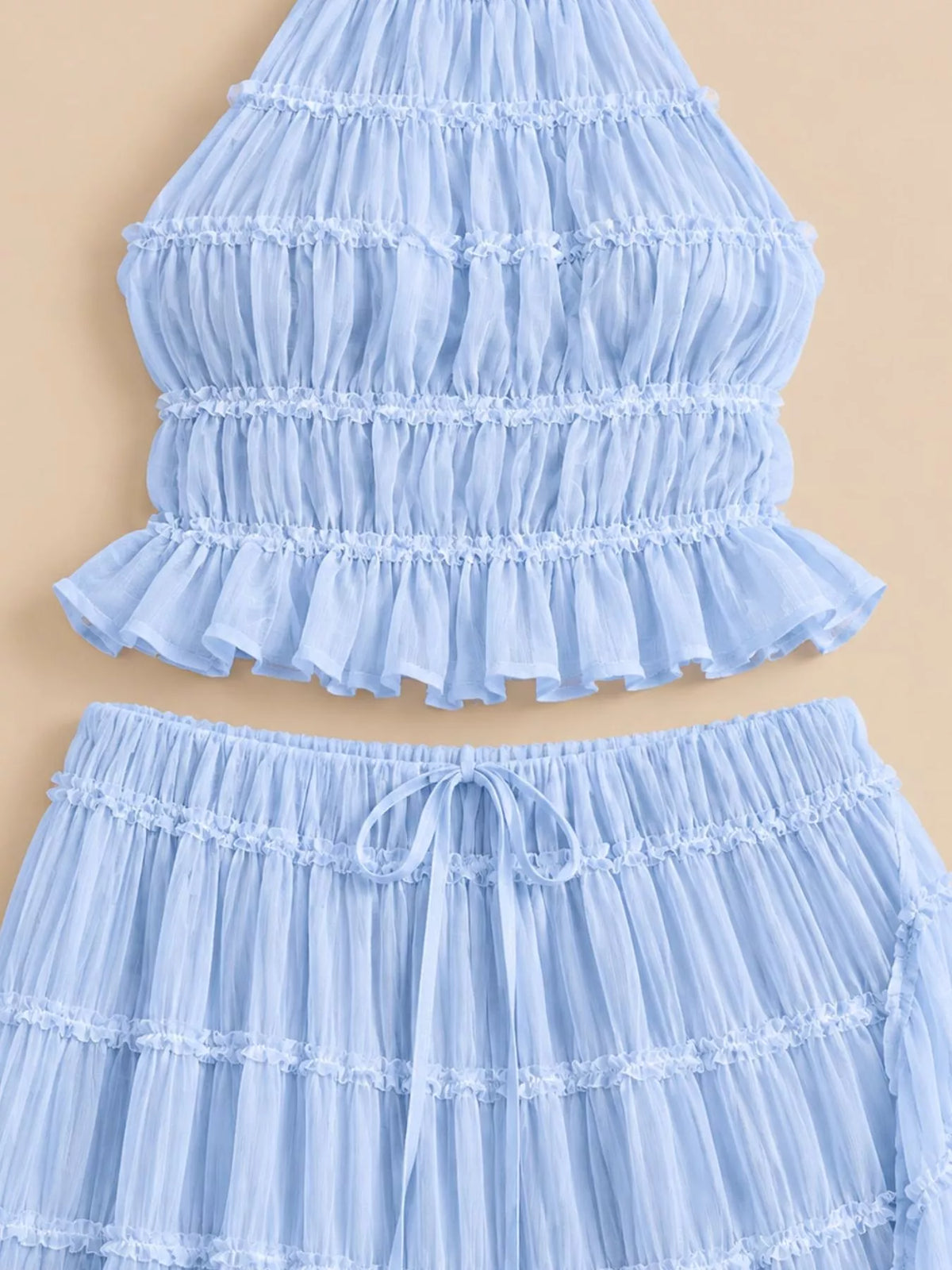 Halter top and skirt set, blue ruffle detail