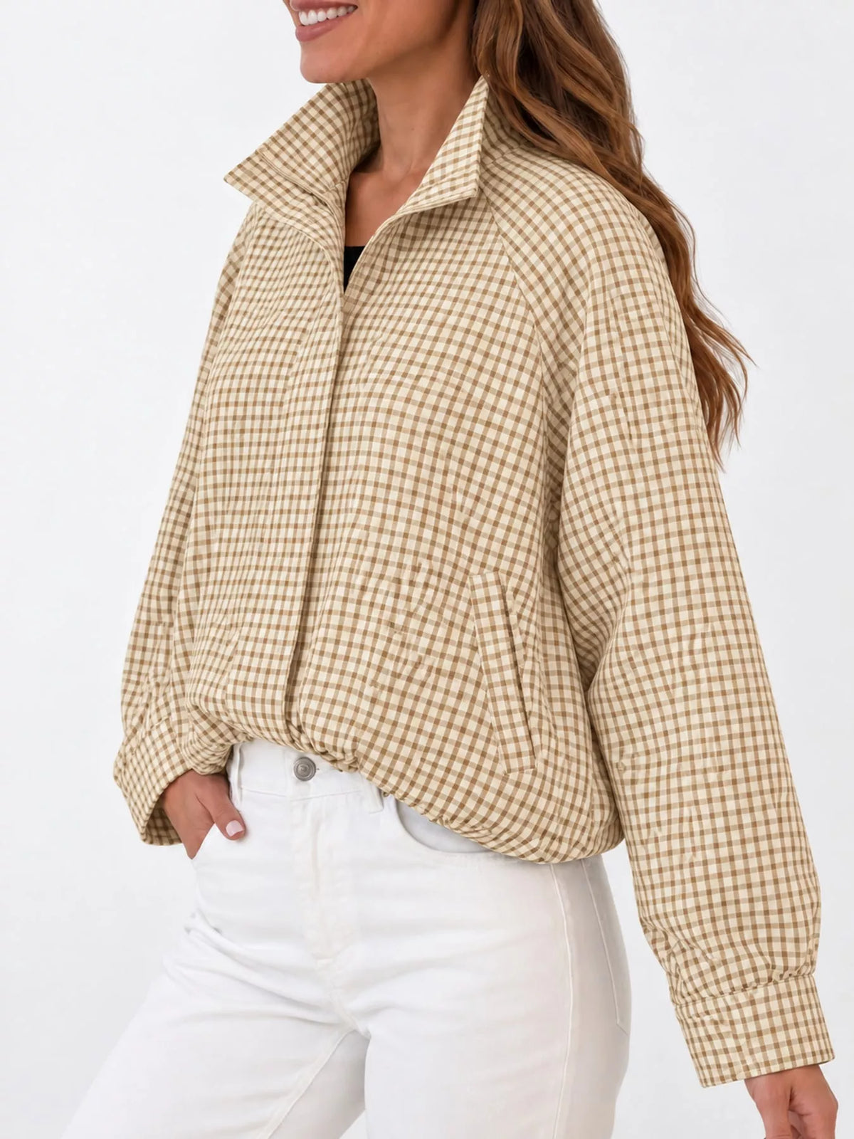 Beige Plaid plaid stand-collar cropped jacket