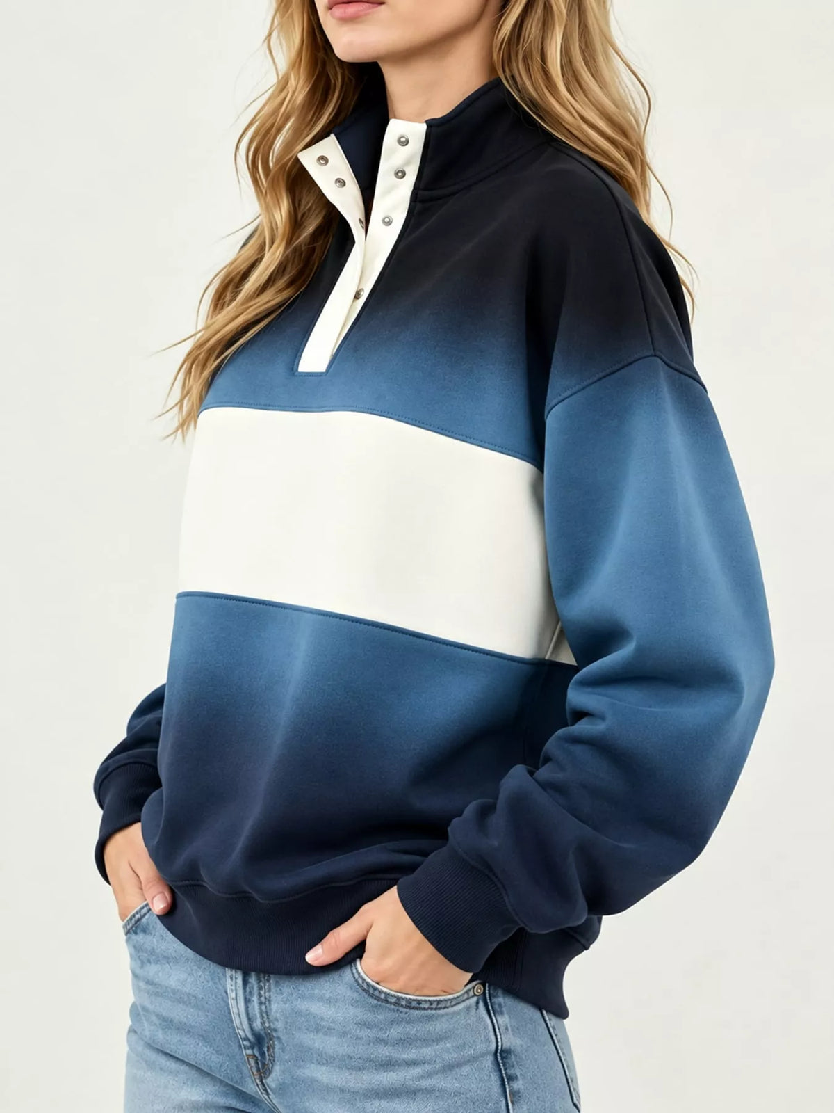 Blue ombre and cream color block snap-button sweatshirt, side view
