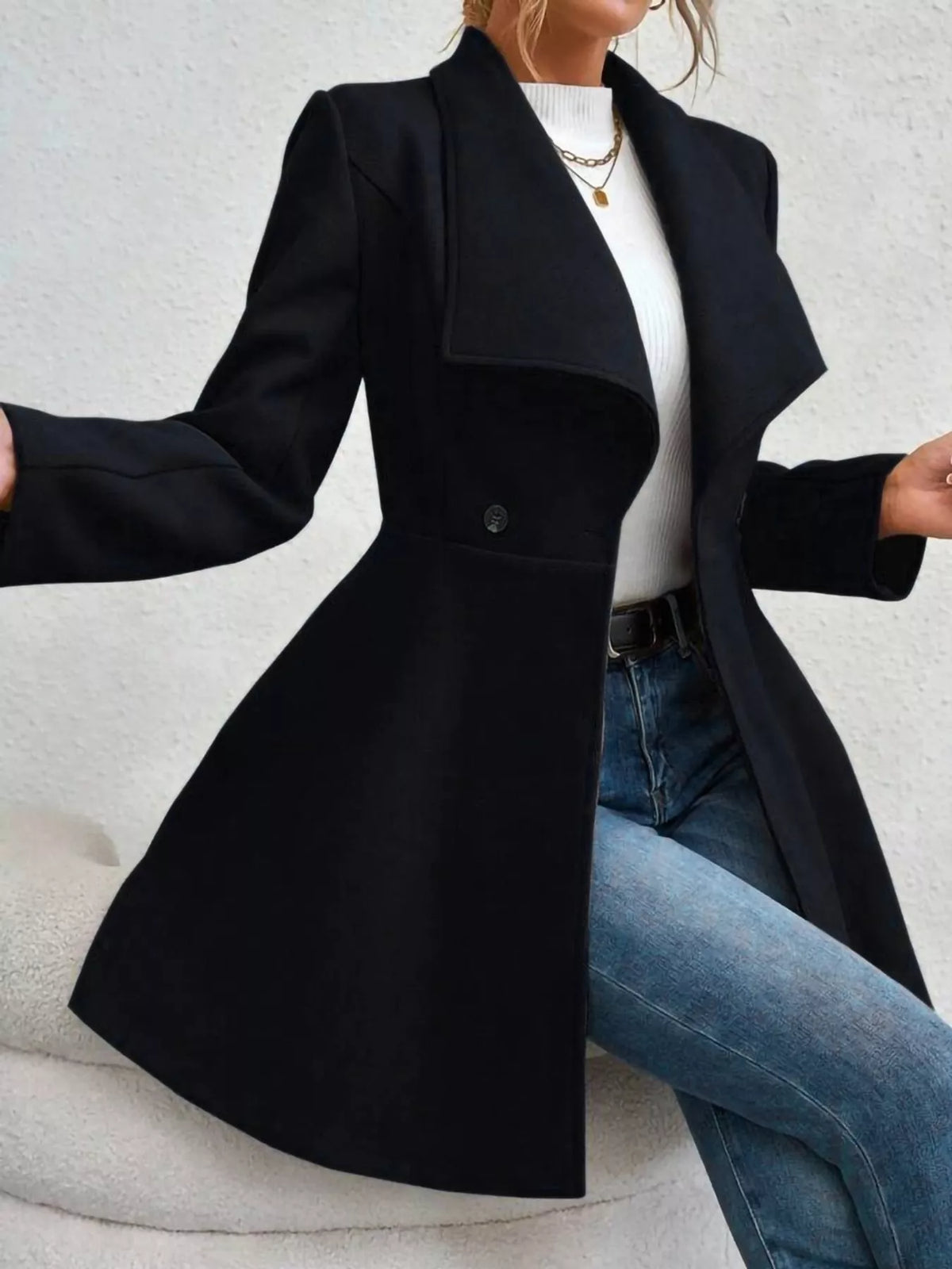 Black double-breasted slim-fit coat, back view
