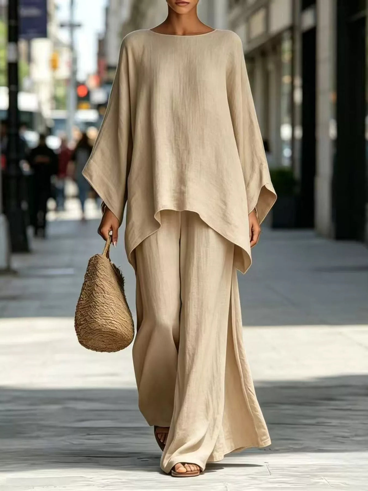 Khaki batwing top and wide-leg pants set, front view