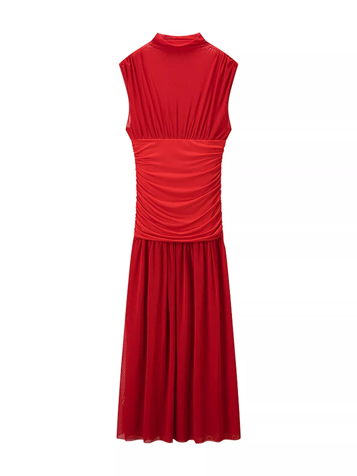 Red mock neck ruched maxi dress, front view