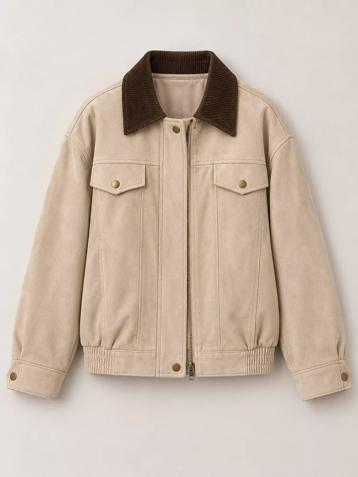 Beige zip-up dropped shoulder jacket — front view