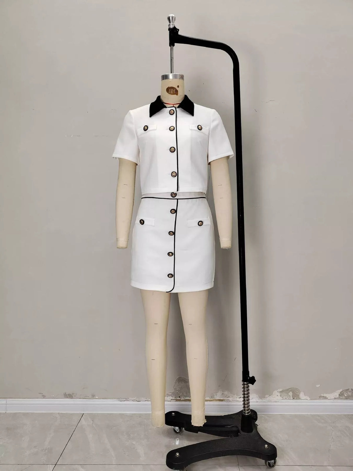 White Contrast Collar Cropped Top and Mini Skirt Set side view