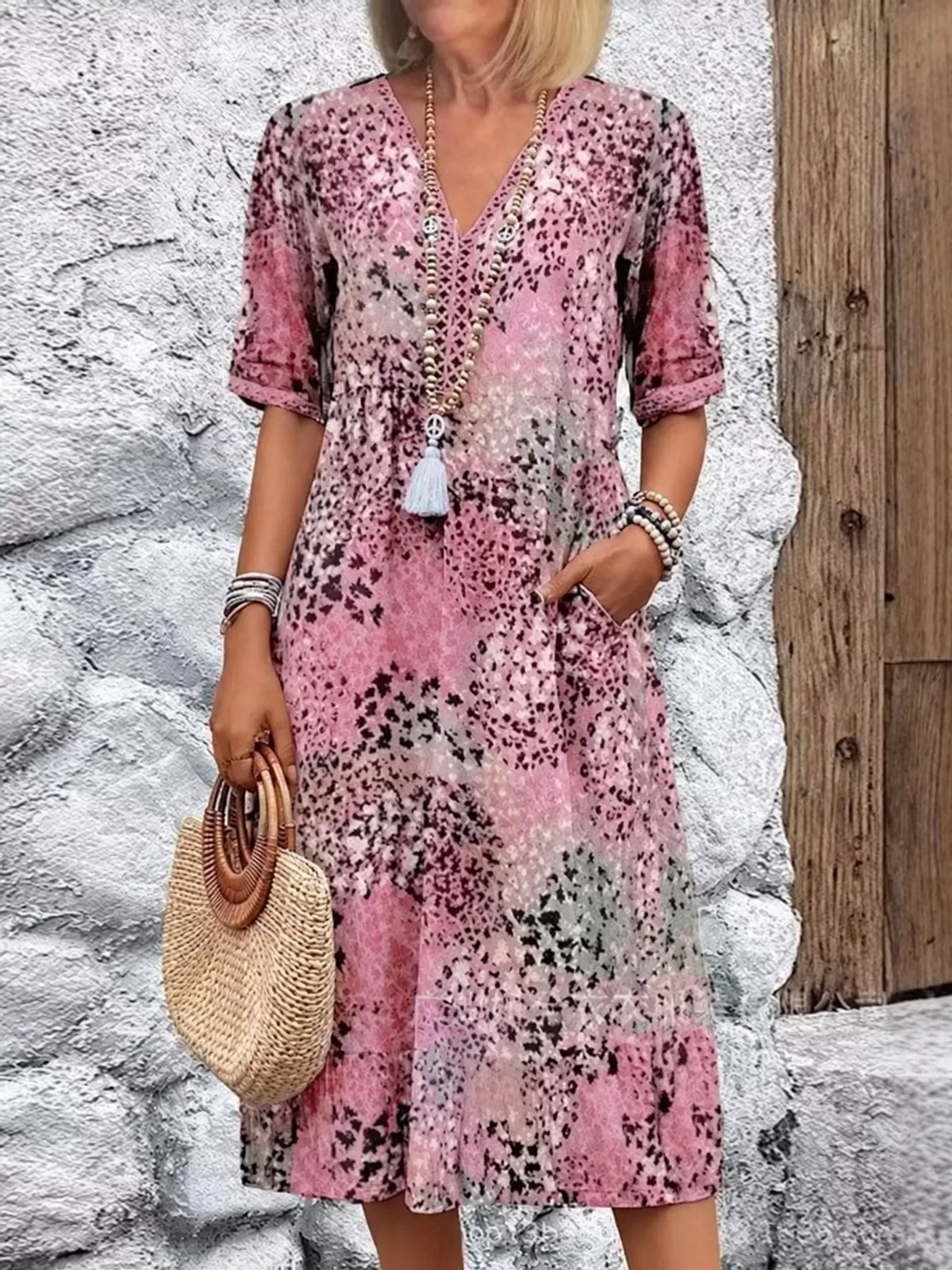 V-neck 3/4 sleeve knee dress, front view on model