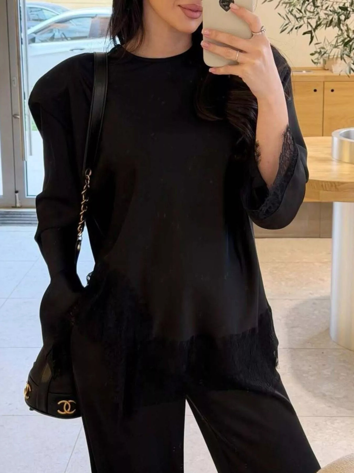 Round neck long sleeve outfit set, front view on model