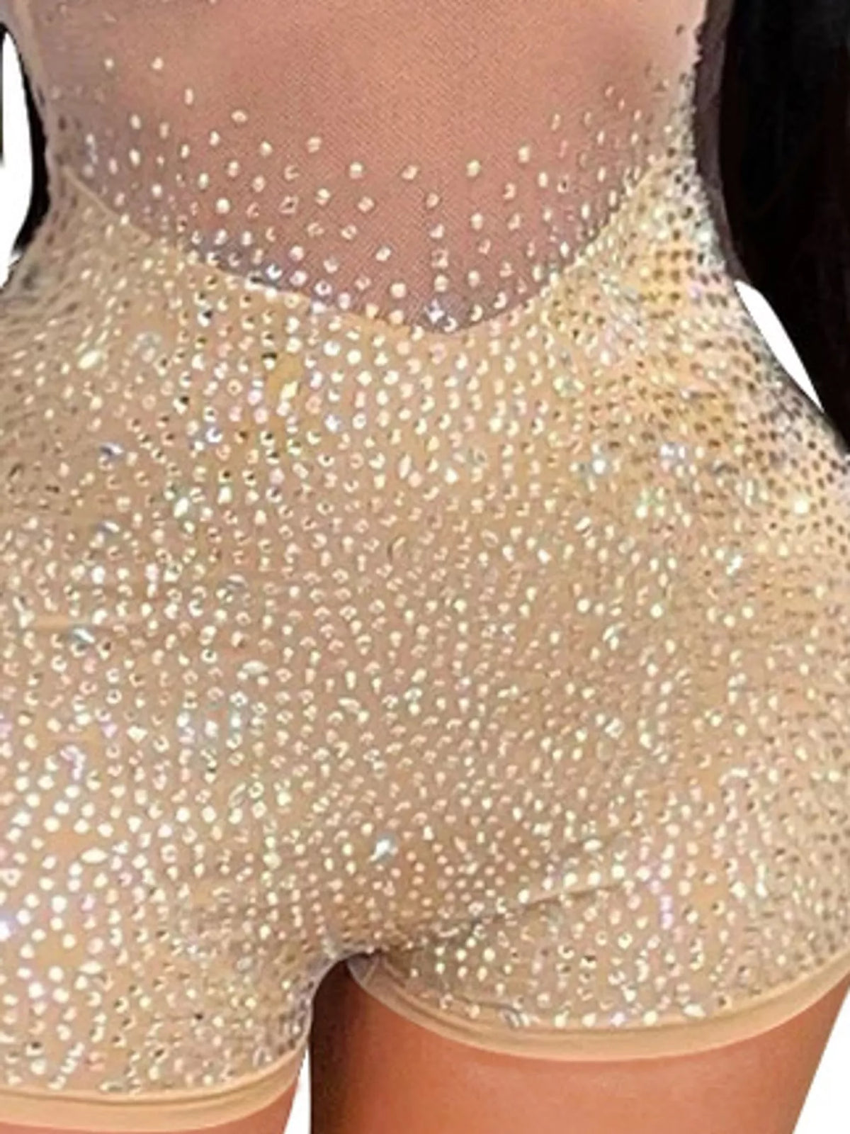 Sheer Rhinestone Embellished Long Sleeve Romper, detail view in sheer mesh