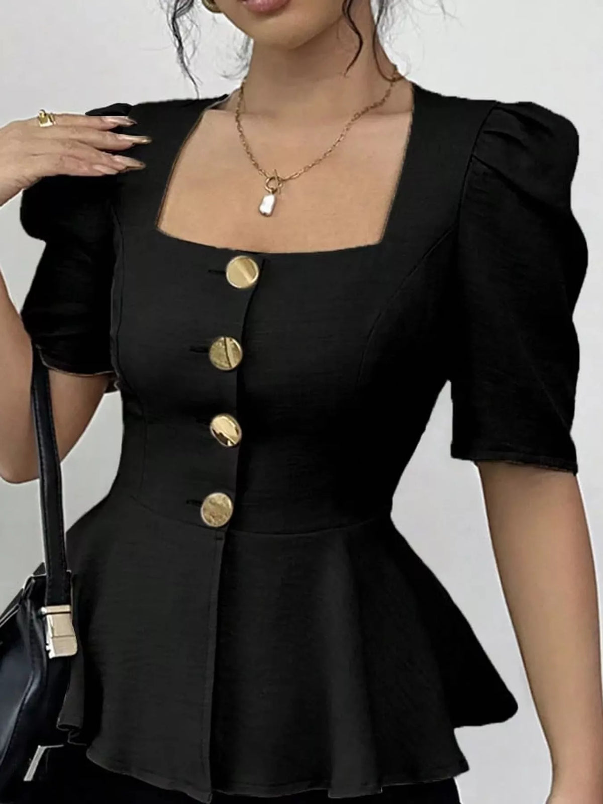Women's Square Neck Puff Sleeve Peplum Blouse in black — front view