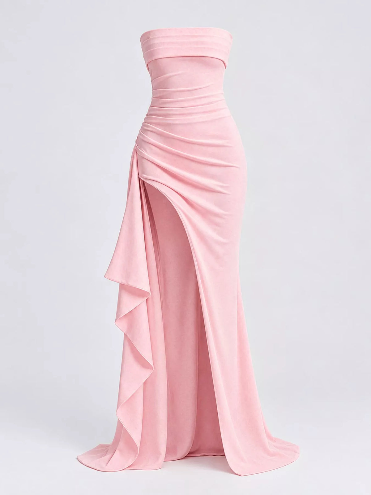 Pink strapless high slit bodycon maxi evening dress, front view