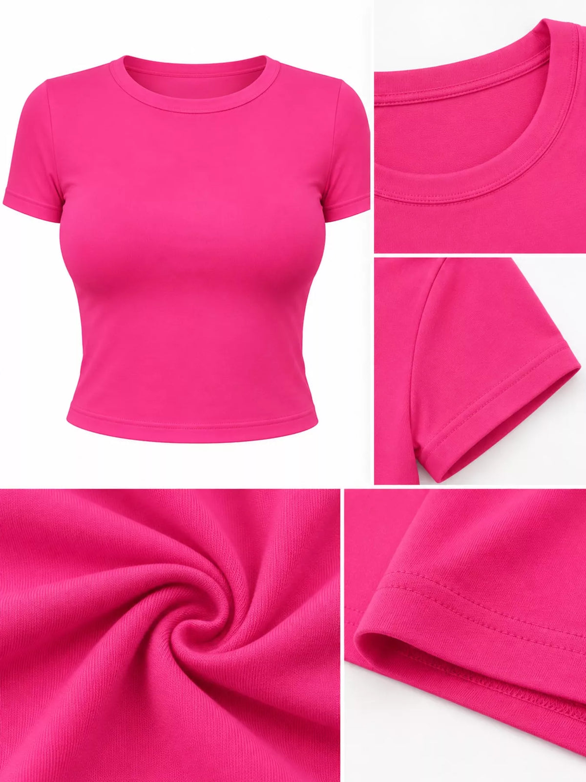 Hot pink crew neck crop T-shirt, fabric and neckline detail collage