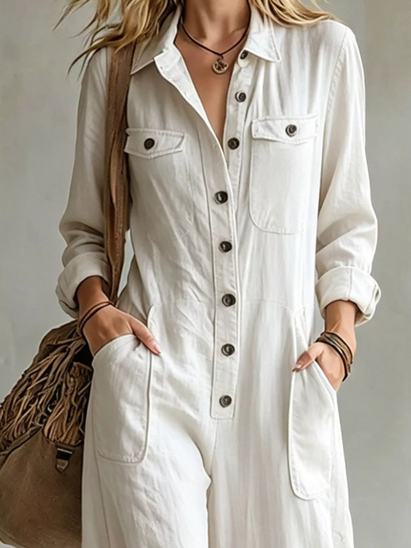 Trendsi Full Size Long Sleeve Button Front Jumpsuit Plus Size -