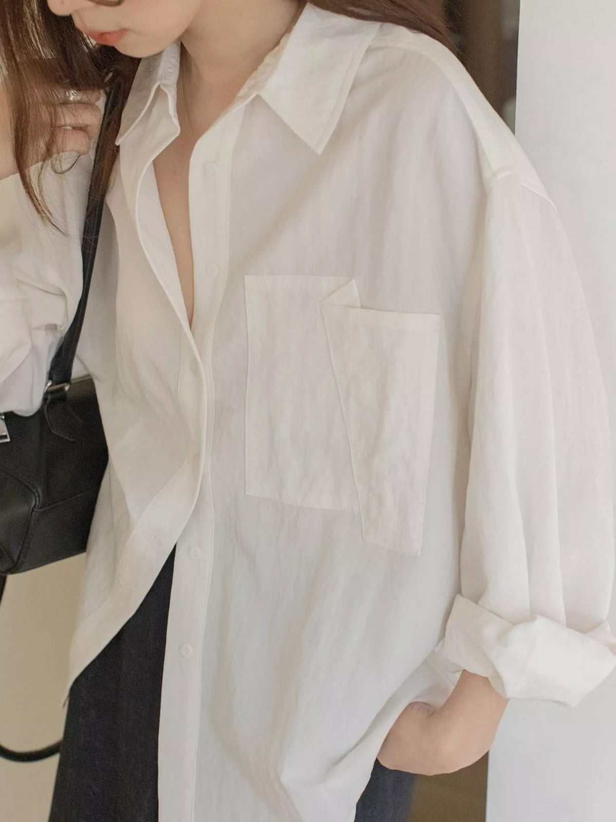 White button down long sleeve shirt, front view