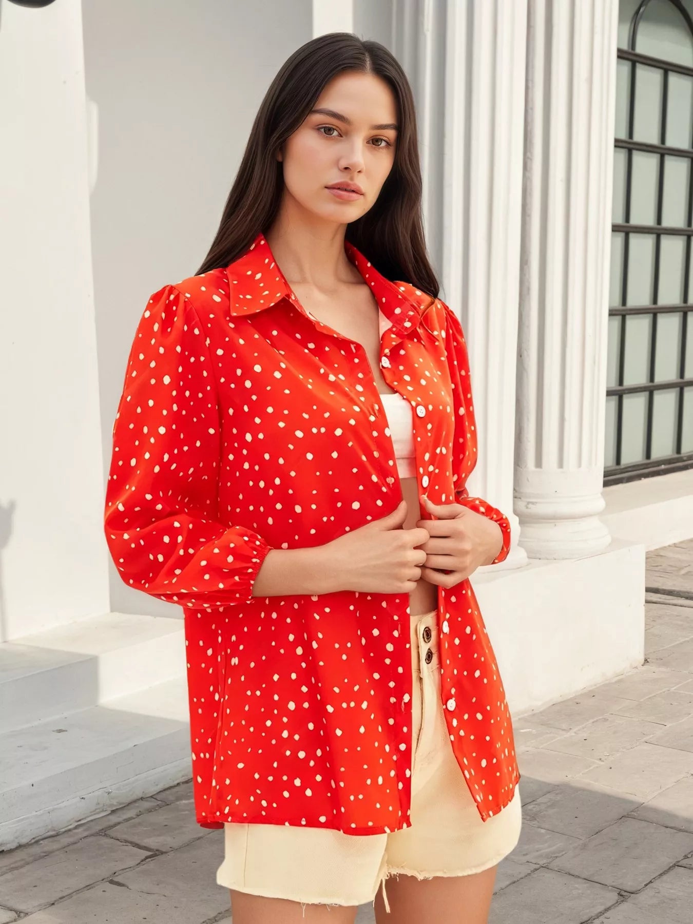 Trendsi Polka Dot Puff Sleeve Shirt - Shirts