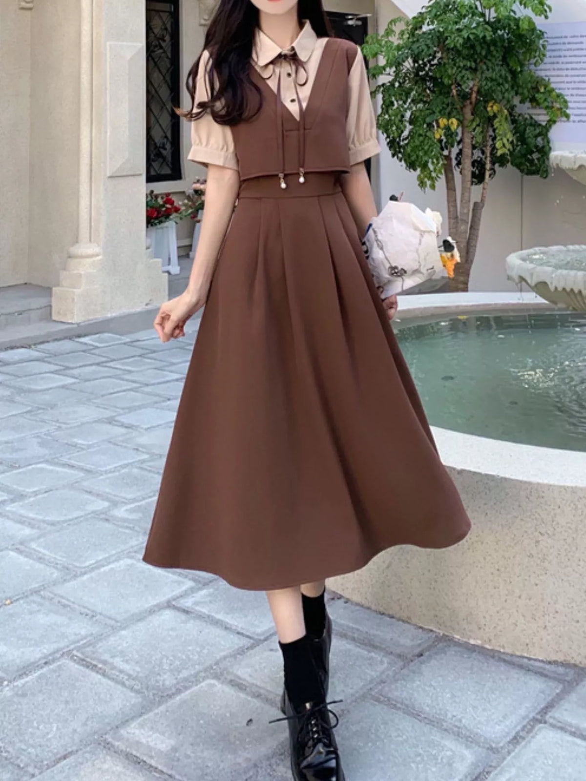 Women's Contrast Short Sleeve Pleated Midi Dress in brown — front view
